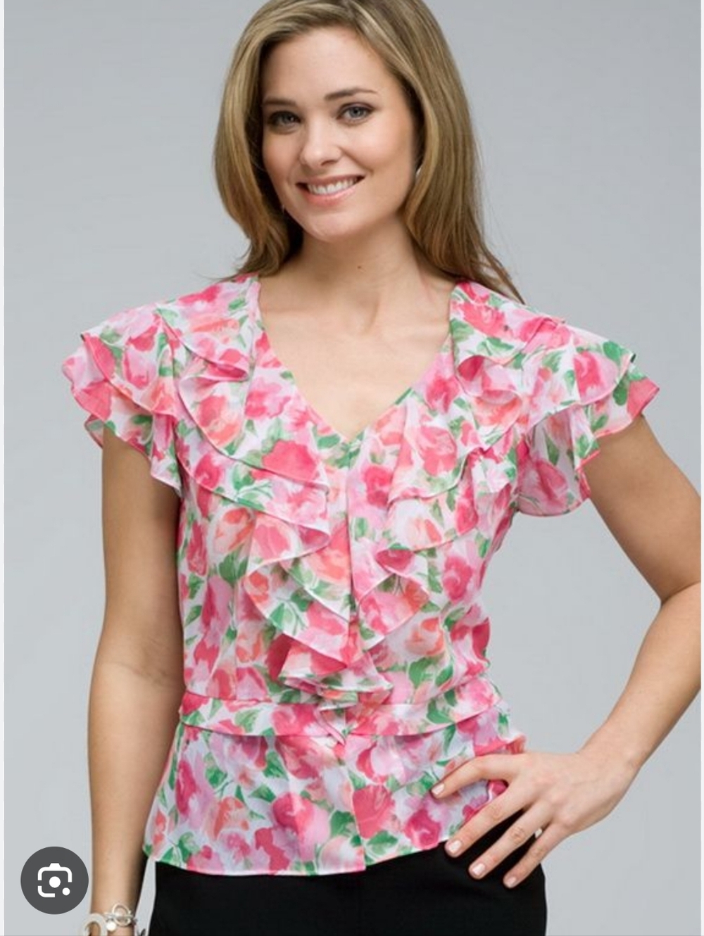 Jones New York ✨️ Floral Ruffle V-Neck Women's Blouse Size S